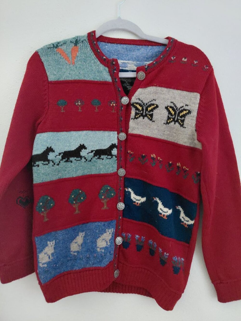 Vintage Womens Cardigan Sweater Cottagecore Granny Farm Horses Long Sleeve